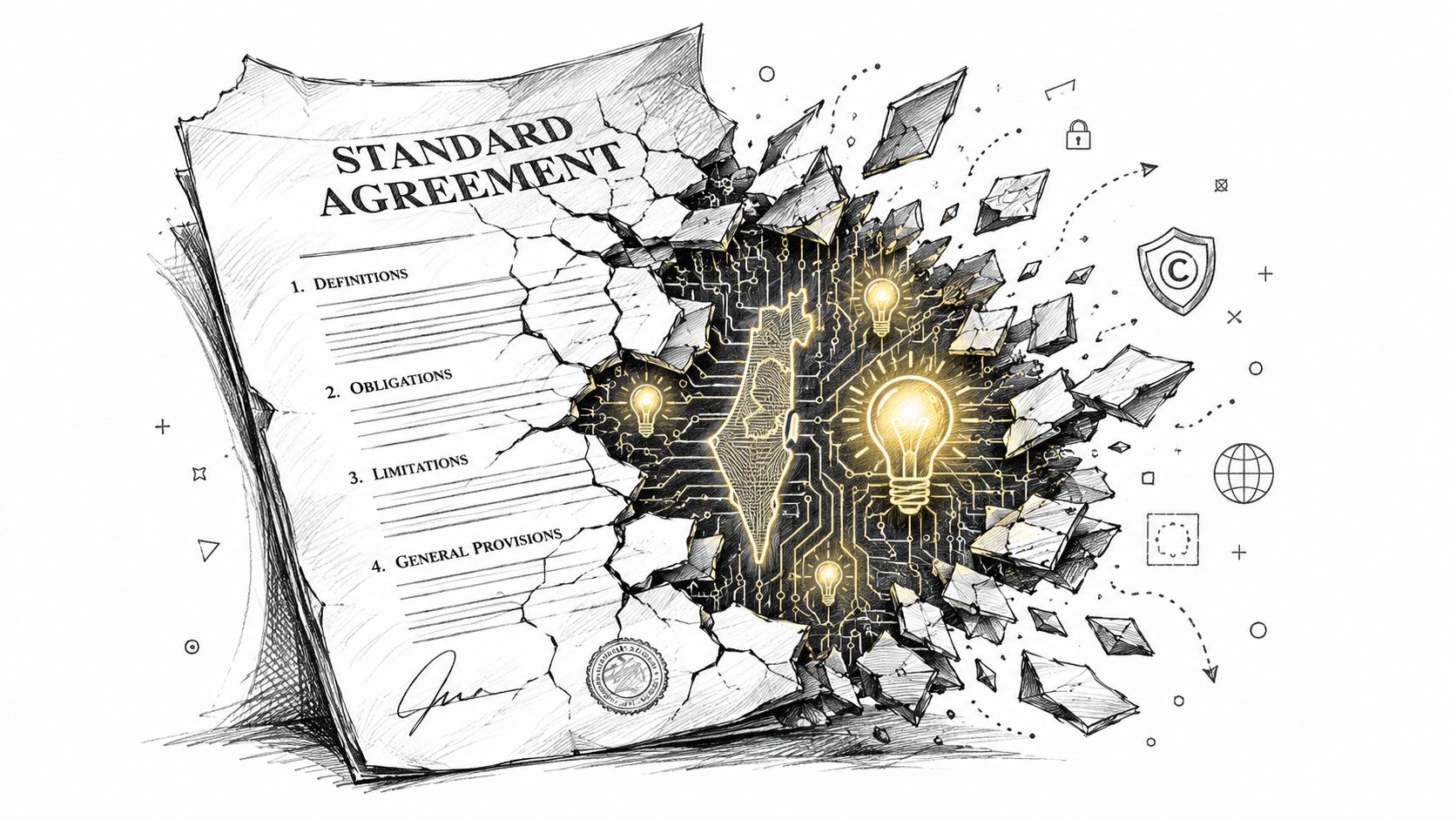 A standard agreement document shattering to reveal a digital map of Israel and glowing light bulbs.