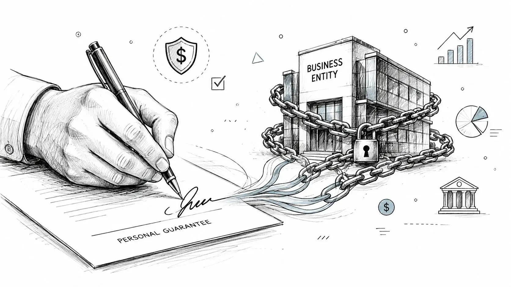 A hand signing a personal guarantee document linked by chains to a secured business entity building.