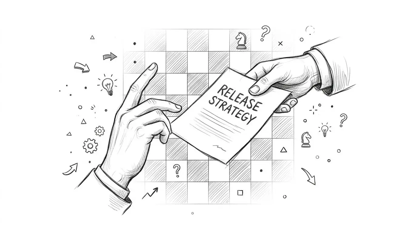 A hand passing a document titled Release Strategy to another person in front of a chessboard background.