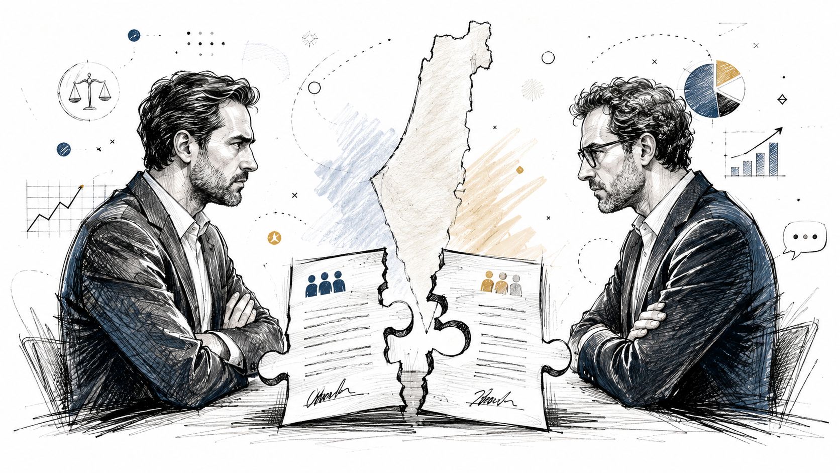 A conceptual illustration of a shareholder dispute featuring two professionals facing each other over divided legal documents.