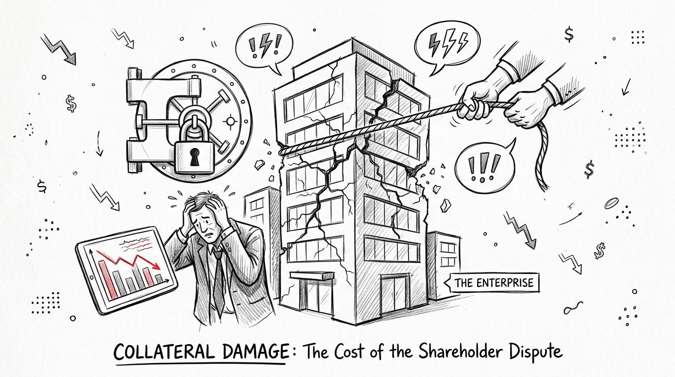 A conceptual illustration of a businessman distressed by a crumbling building labeled The Enterprise representing shareholder conflict.