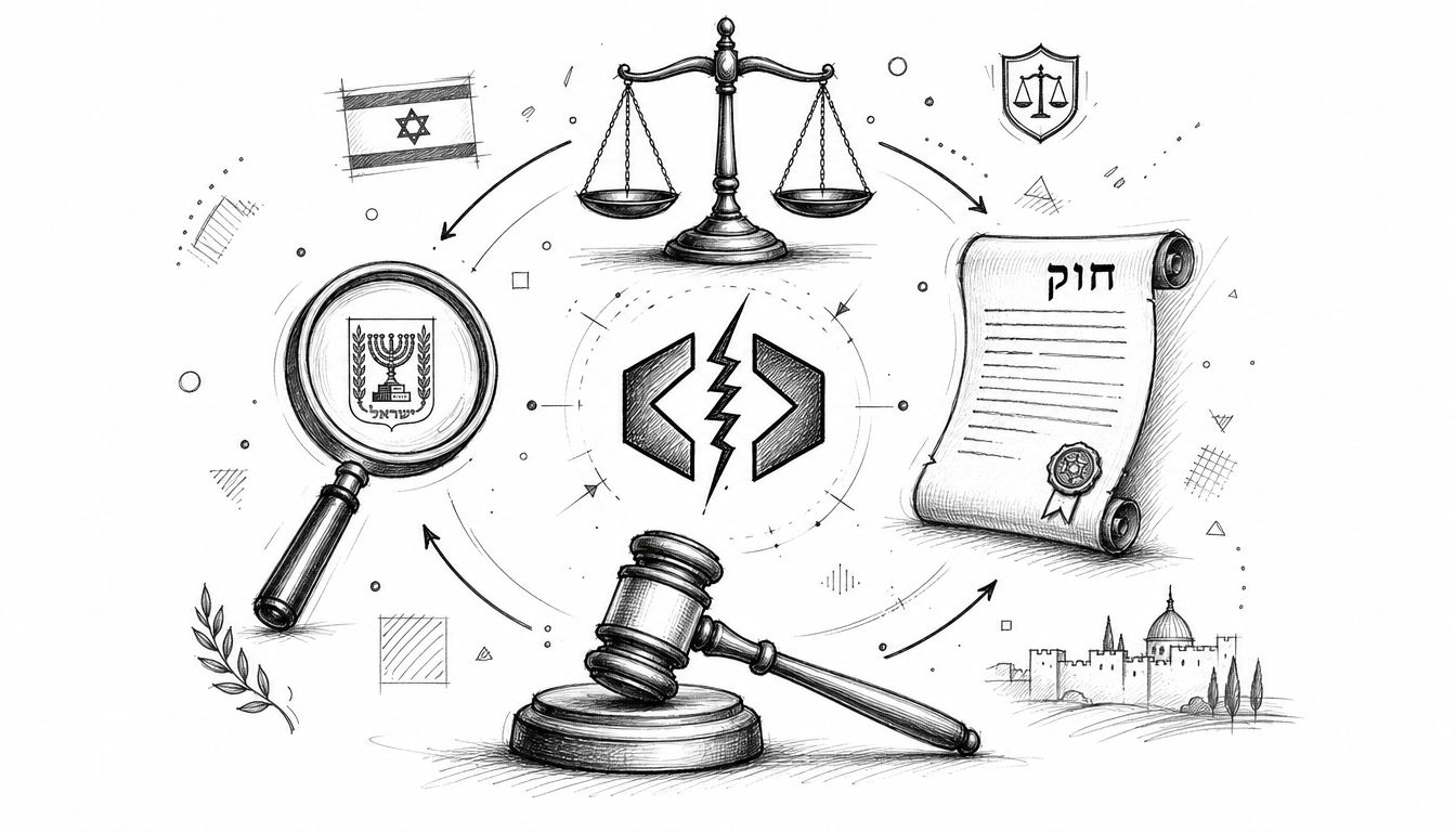 A conceptual sketch showing legal symbols, an Israeli flag, and a gavel, representing legal conflict and governance.