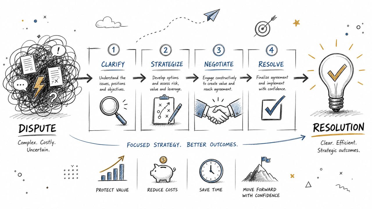 A diagram illustrating a four-step professional process for transforming business disputes into successful strategic resolutions.
