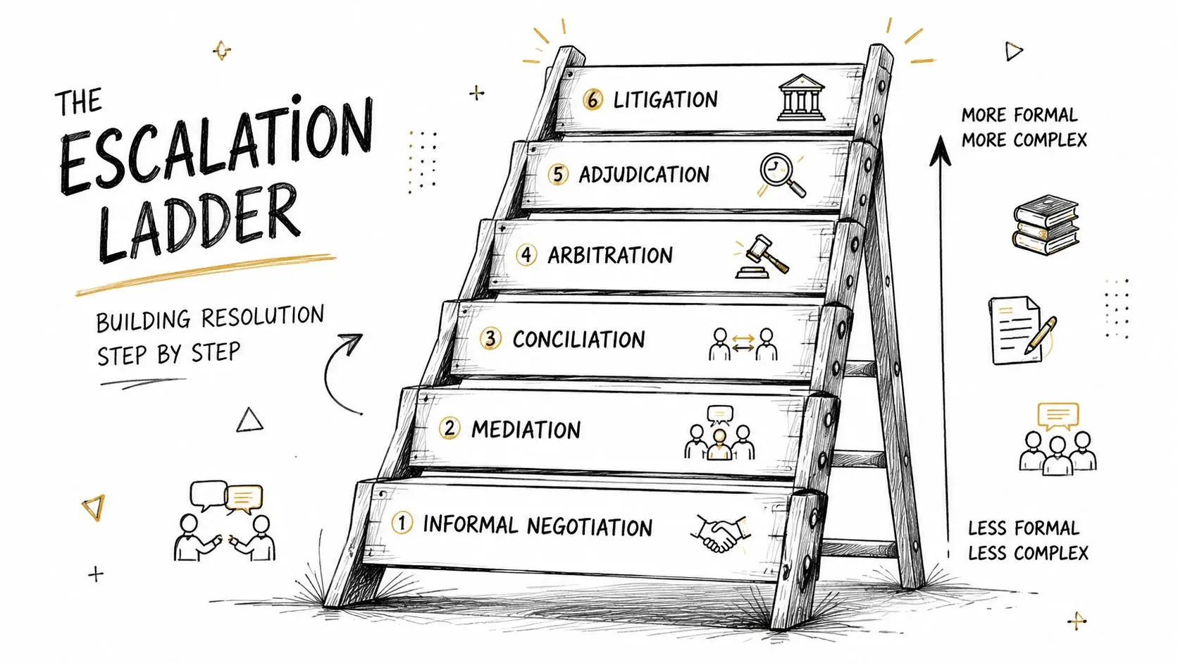 An illustration of an escalation ladder showing six steps for resolving shareholder disputes from informal negotiation to litigation.