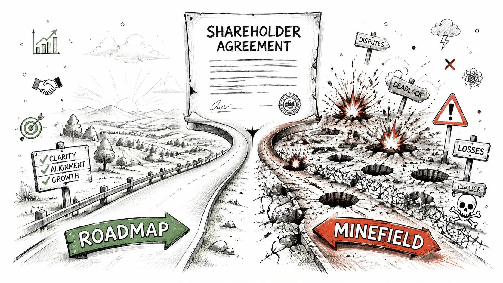 A conceptual illustration showing how a shareholder agreement divides a smooth path toward growth from a destructive minefield.