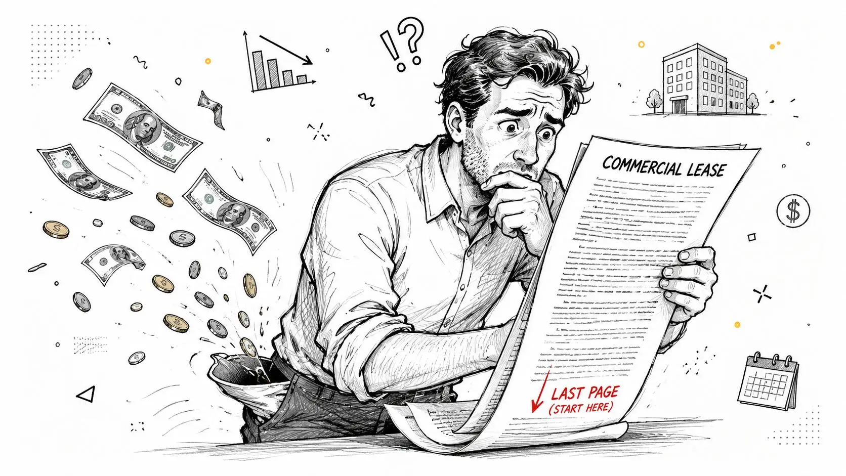 A concerned business owner reading a complex commercial lease document with money falling from his pockets.