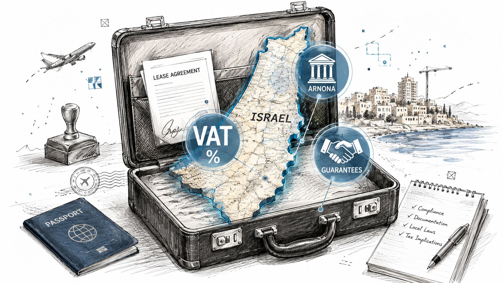 A briefcase containing a map of Israel with icons for VAT, Arnona, and Guarantees, alongside a passport and lease.