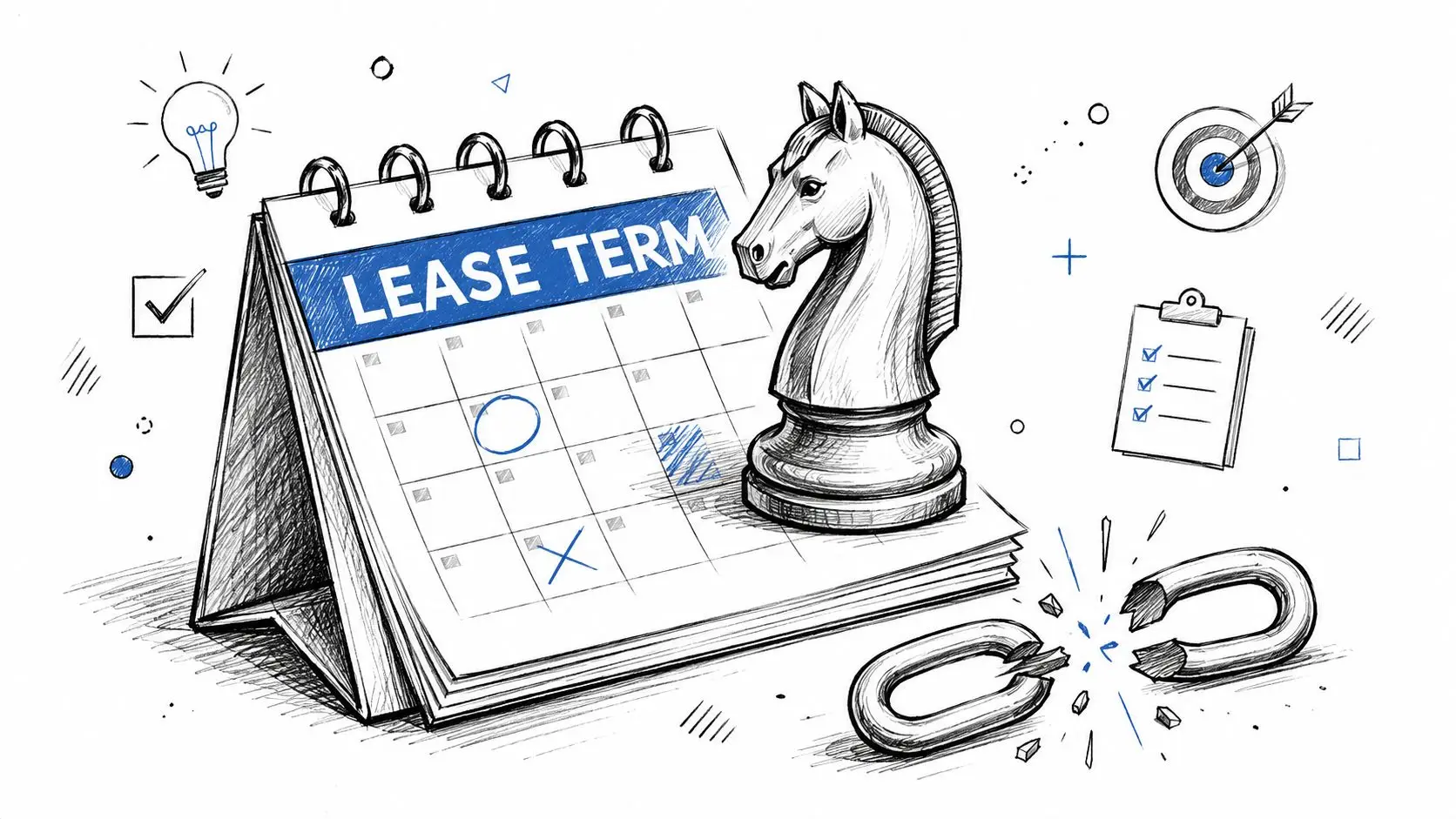 A hand-drawn illustration showing a calendar labeled lease term, a chess knight, and a broken chain.
