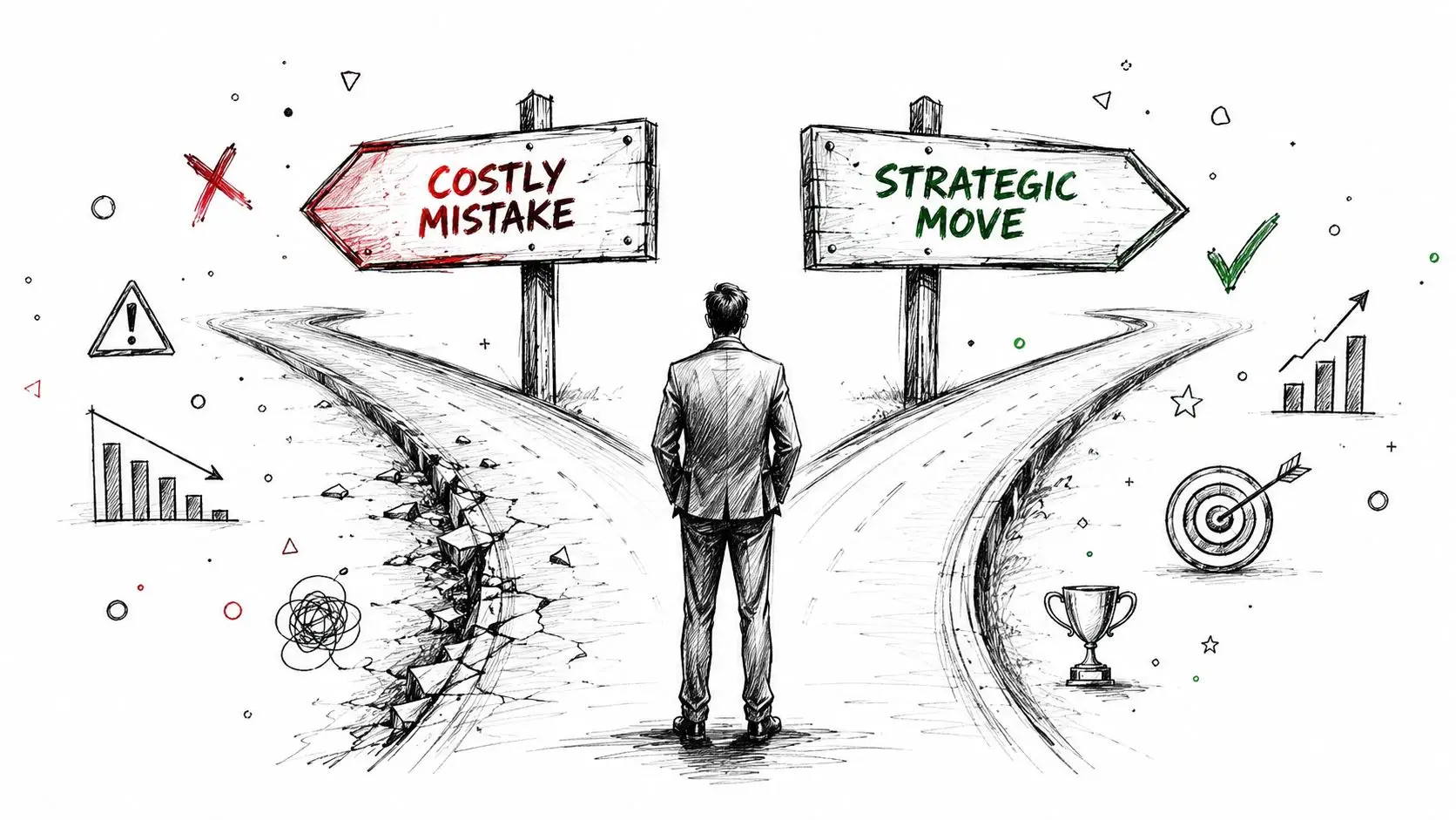 A businessman standing at a crossroads choosing between a costly mistake path and a strategic move path.