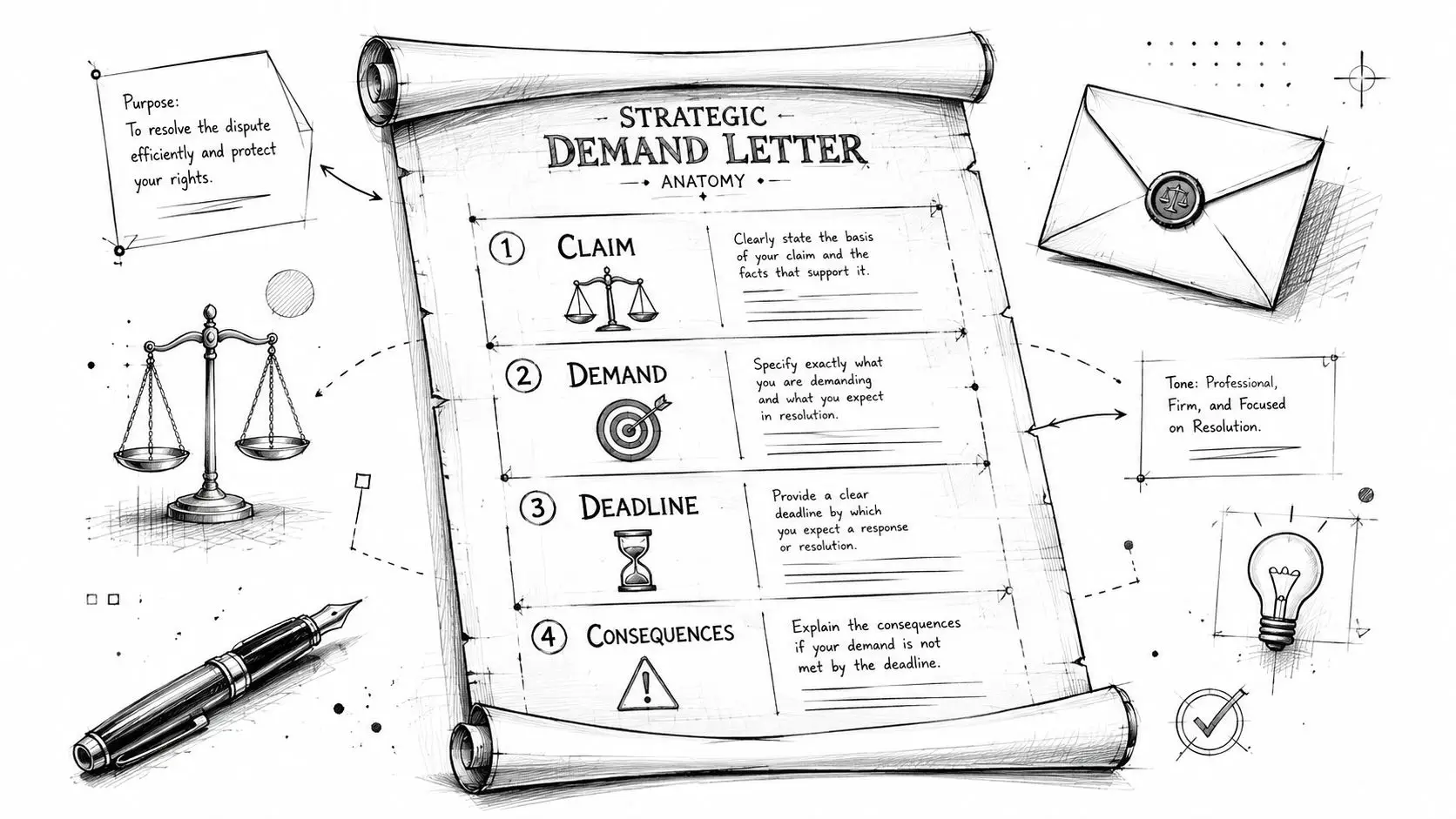 A visual guide outlining the anatomy of a strategic demand letter with four essential components.