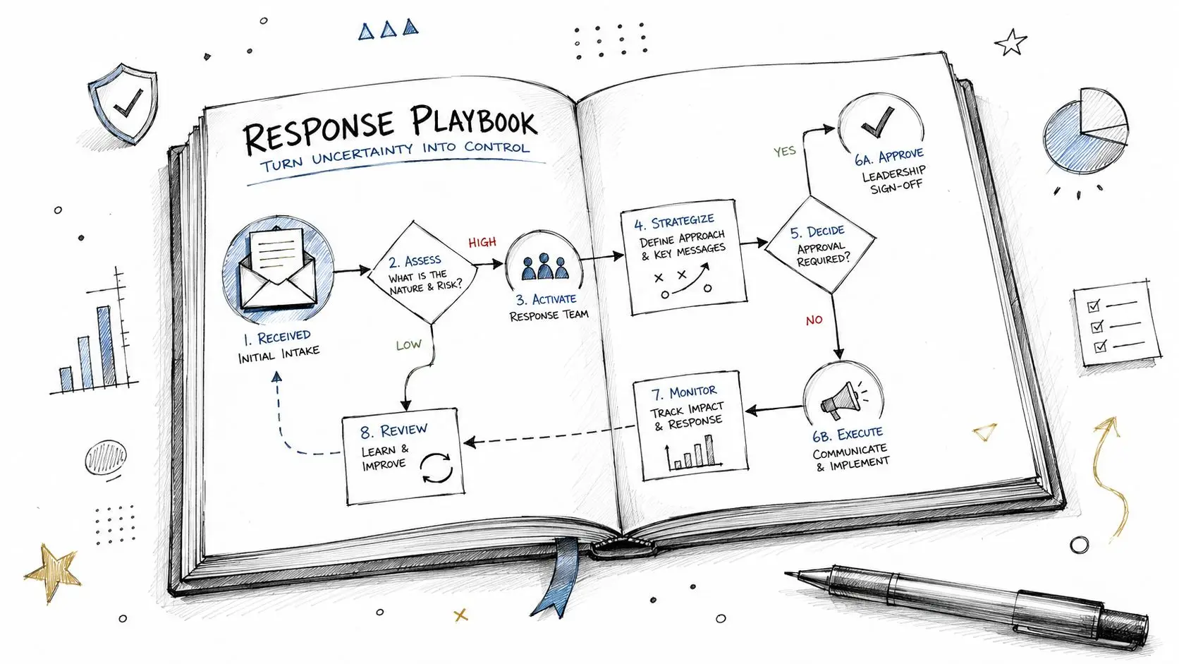 A hand-drawn illustration showing a response playbook process for managing uncertainty with eight structured steps.