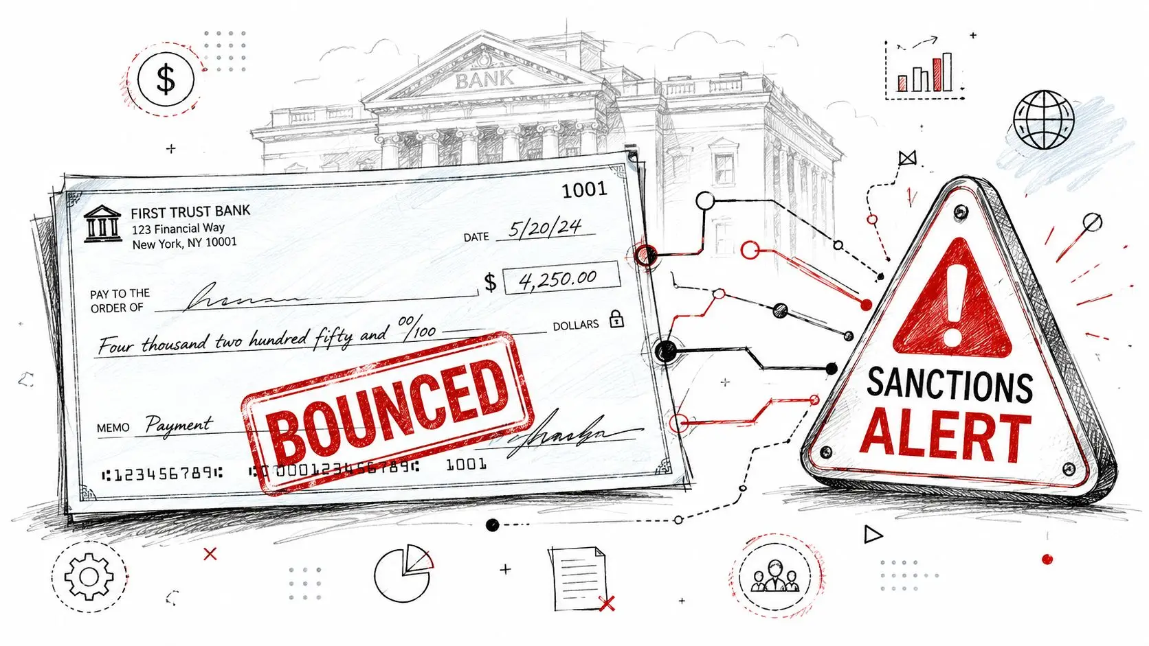 A check marked bounced with a red sanctions alert warning sign, symbolizing financial transaction compliance issues.