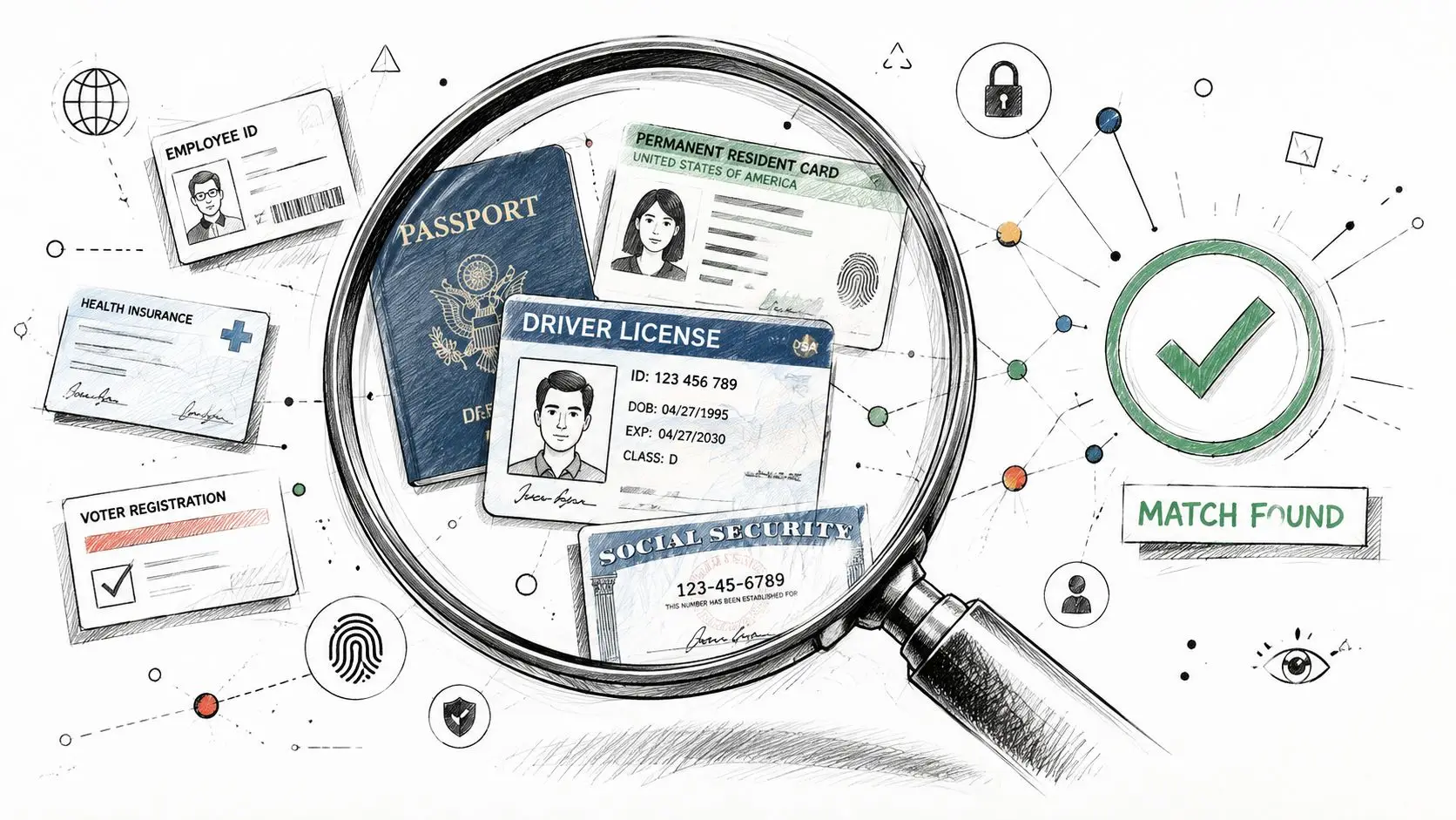 A magnifying glass inspecting various identity documents like passports, licenses, and cards showing a successful match found.