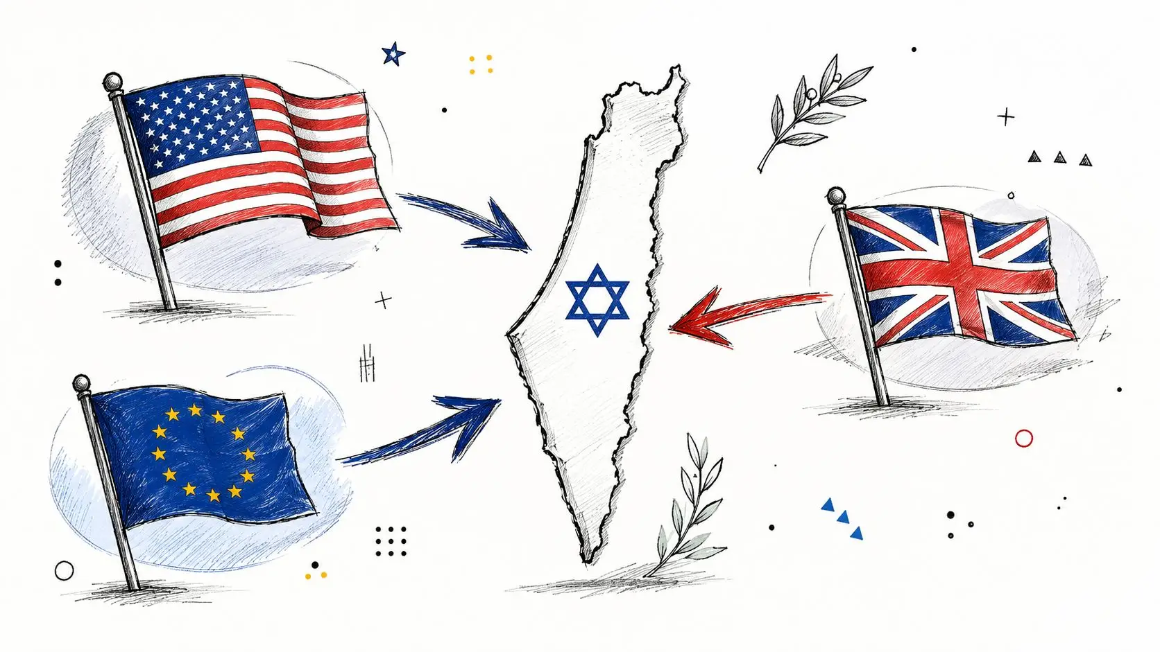 A hand-drawn illustration showing the flags of the USA, UK, and EU pointing towards a map of Israel.
