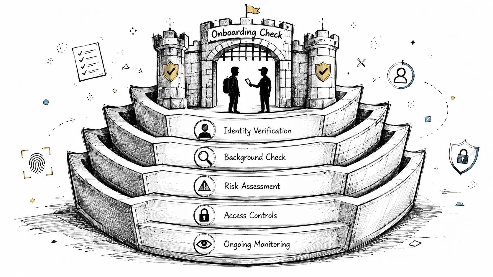 A hand-drawn illustration depicting a multi-step onboarding check process including identity verification and ongoing monitoring.