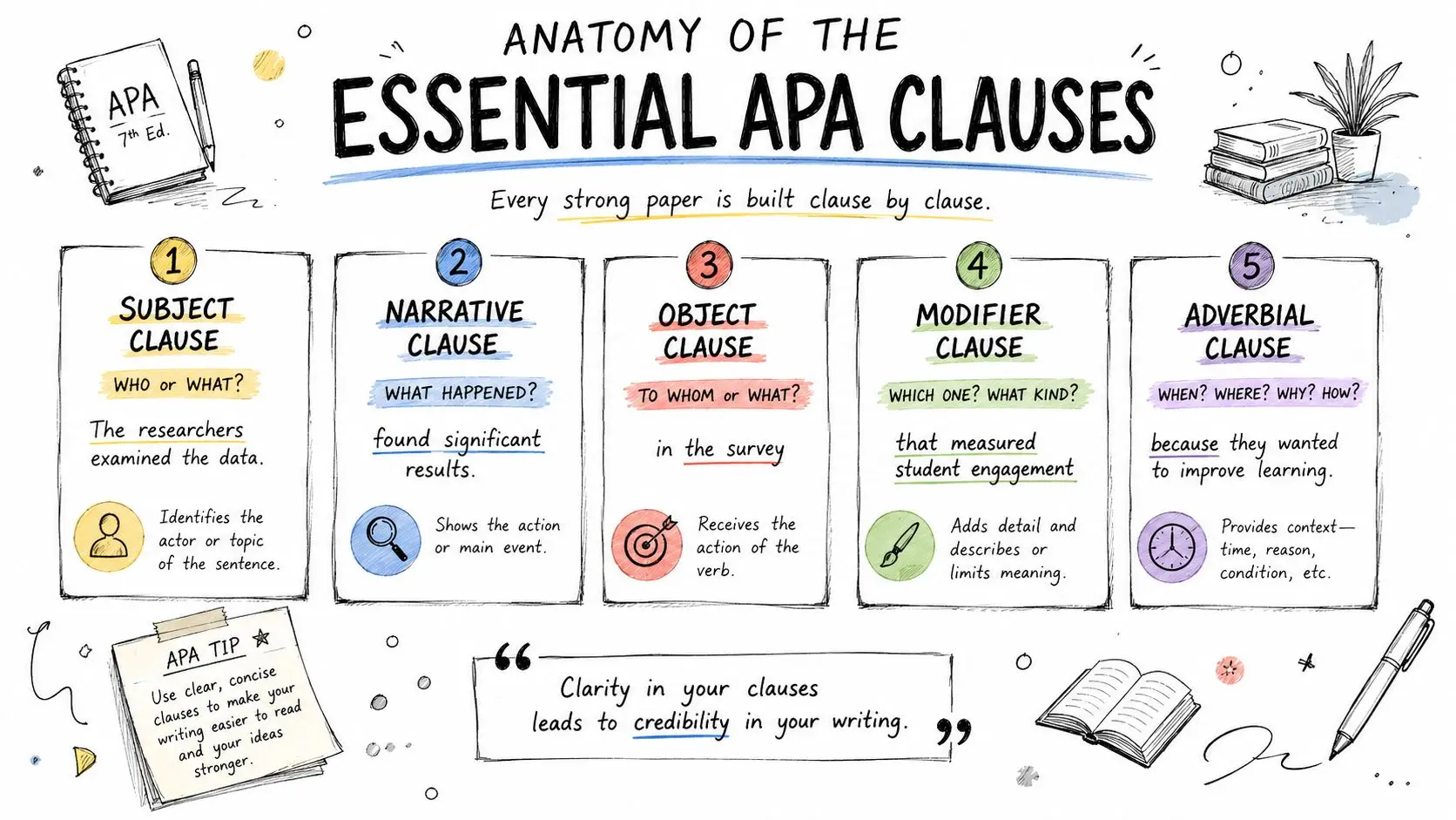 An infographic titled Anatomy of the Essential APA Clauses, detailing five grammatical sentence components for academic writing.