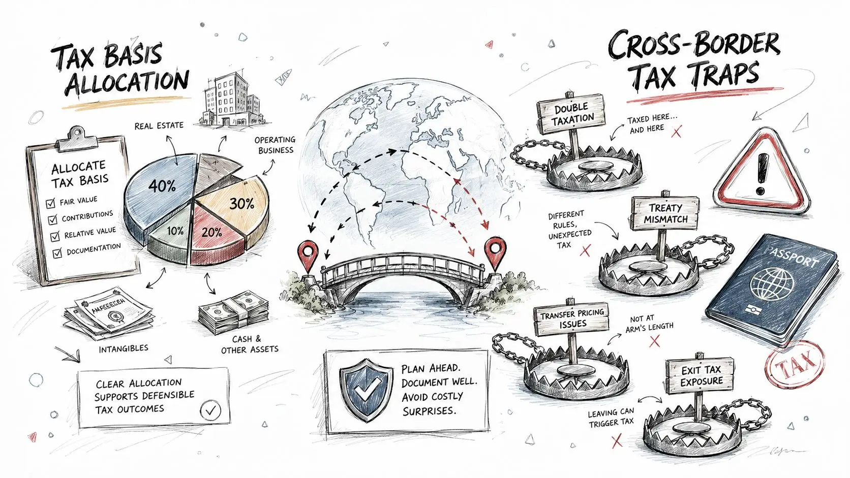 An infographic illustrating tax basis allocation and common cross-border tax traps for international business planning.