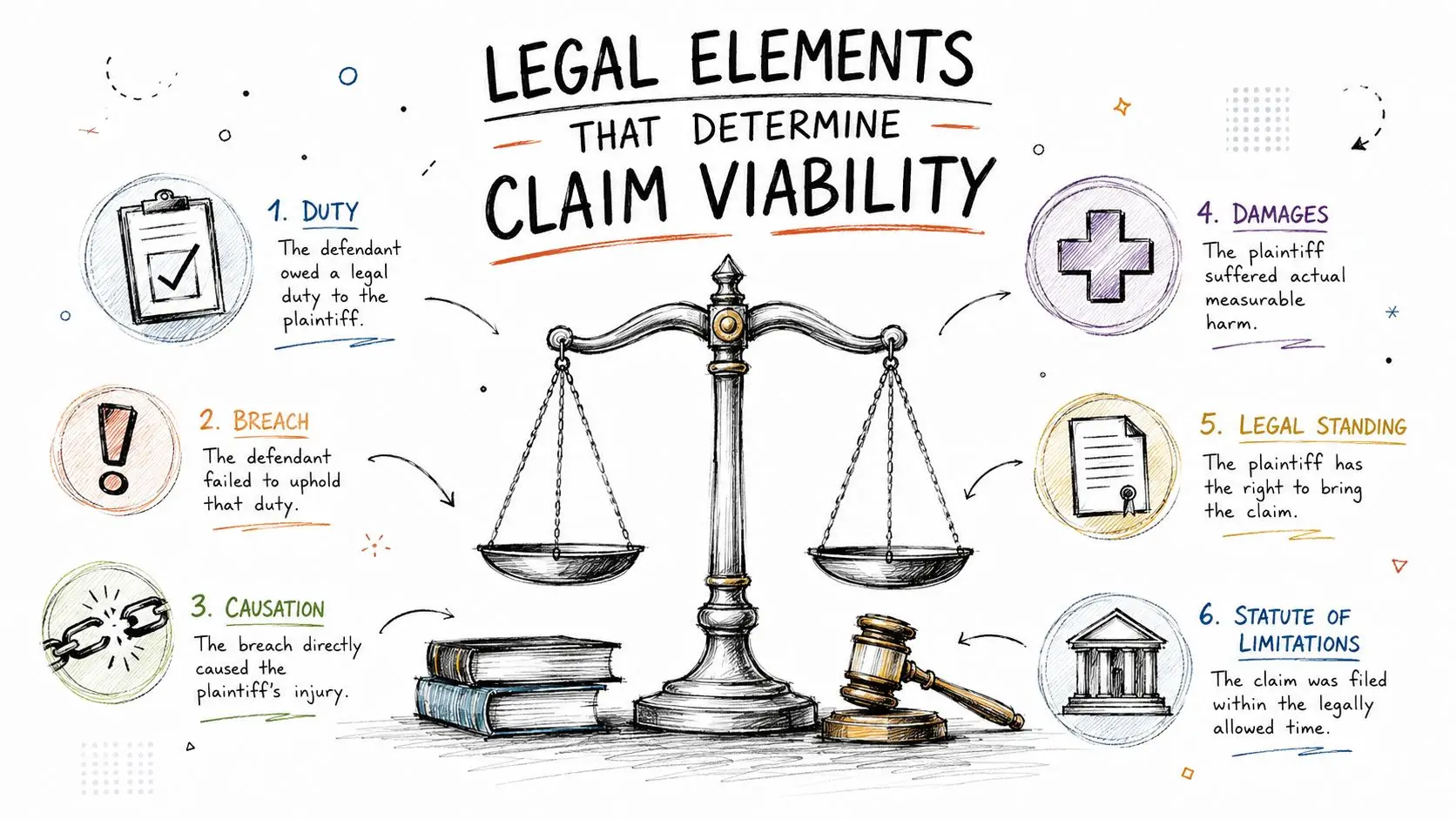 An infographic titled Legal Elements That Determine Claim Viability showing six requirements for a valid legal case.