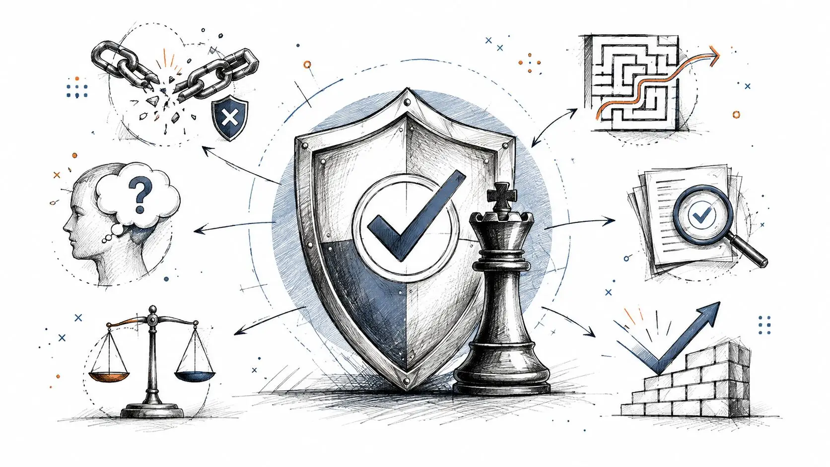 A hand-drawn illustration depicting a shield and chess king surrounded by symbols of strategy, legal compliance, and security.