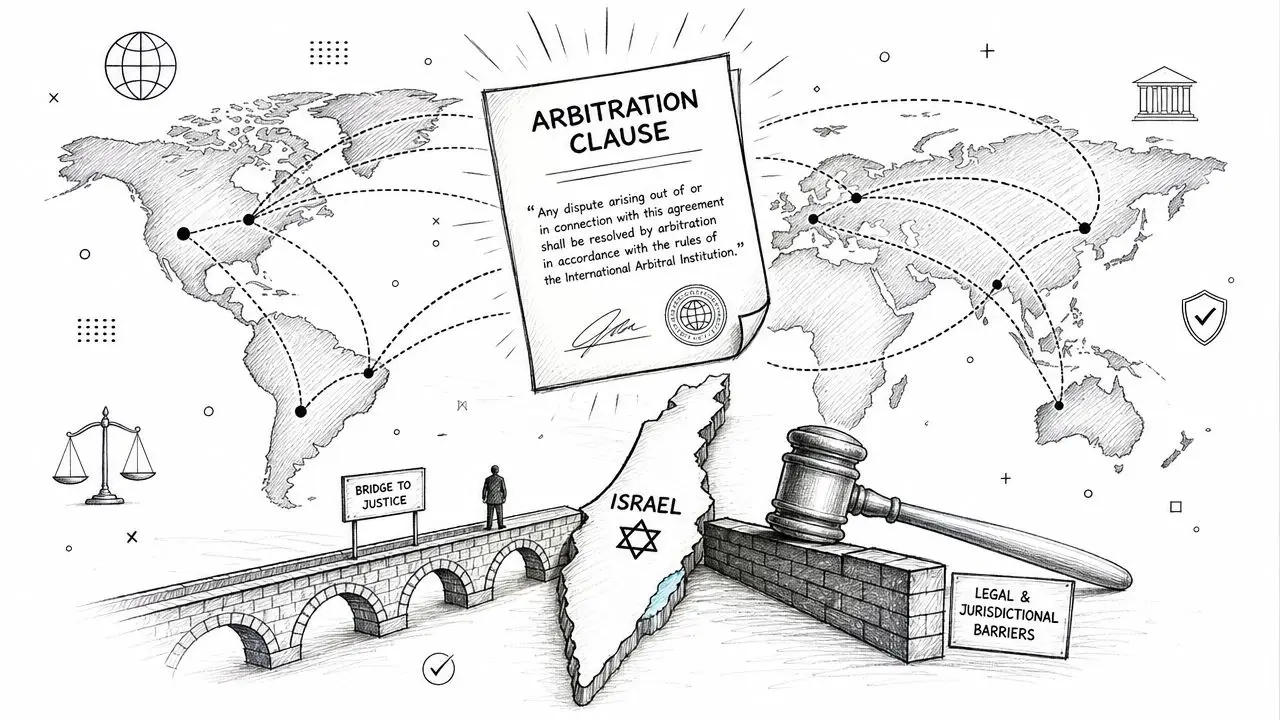 A conceptual illustration showing an arbitration clause bridging legal and jurisdictional barriers in international commercial law.