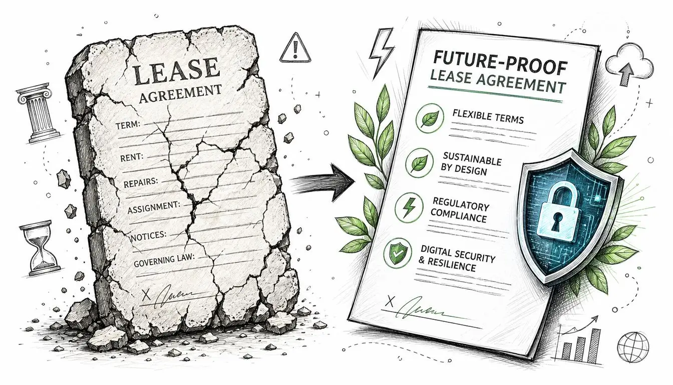 Conceptual illustration showing an outdated, crumbling stone lease agreement transforming into a modern, future-proofed digital contract.