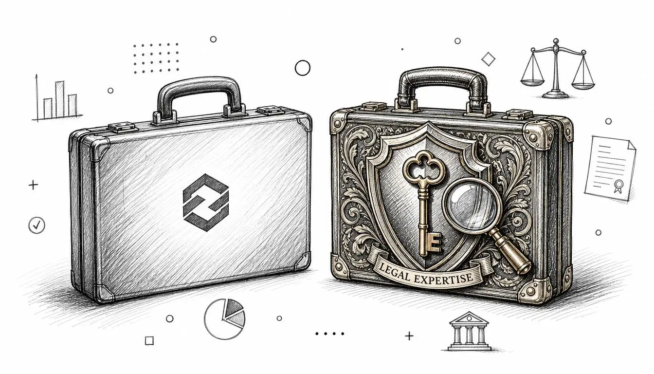 Two illustrated briefcases represent business strategy and professional legal expertise with symbols like scales and documents.