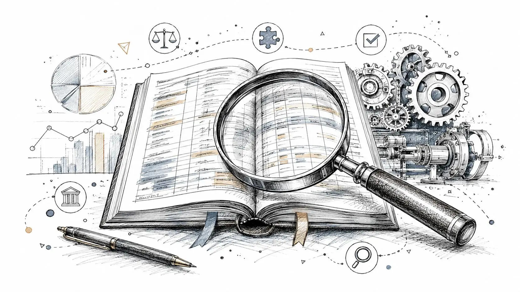 A magnifying glass resting on an open ledger book with gears, charts, and financial icons surrounding it.