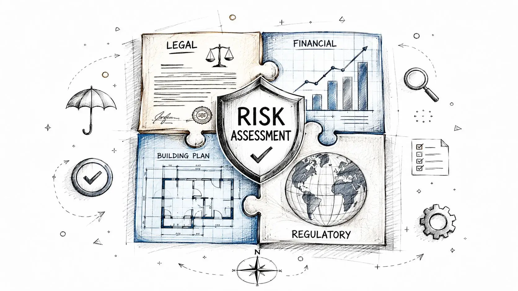 Four puzzle pieces labeled legal, financial, building plan, and regulatory surrounding a central risk assessment shield icon.
