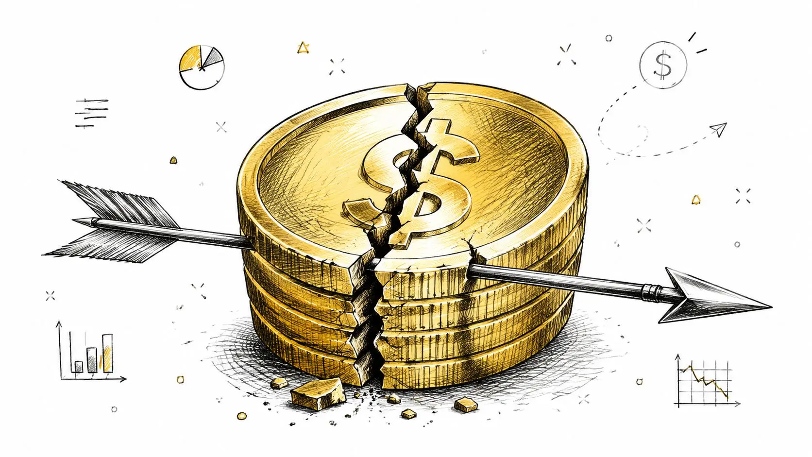 A stack of golden dollar coins split in half by an arrow, symbolizing financial loss and risk.