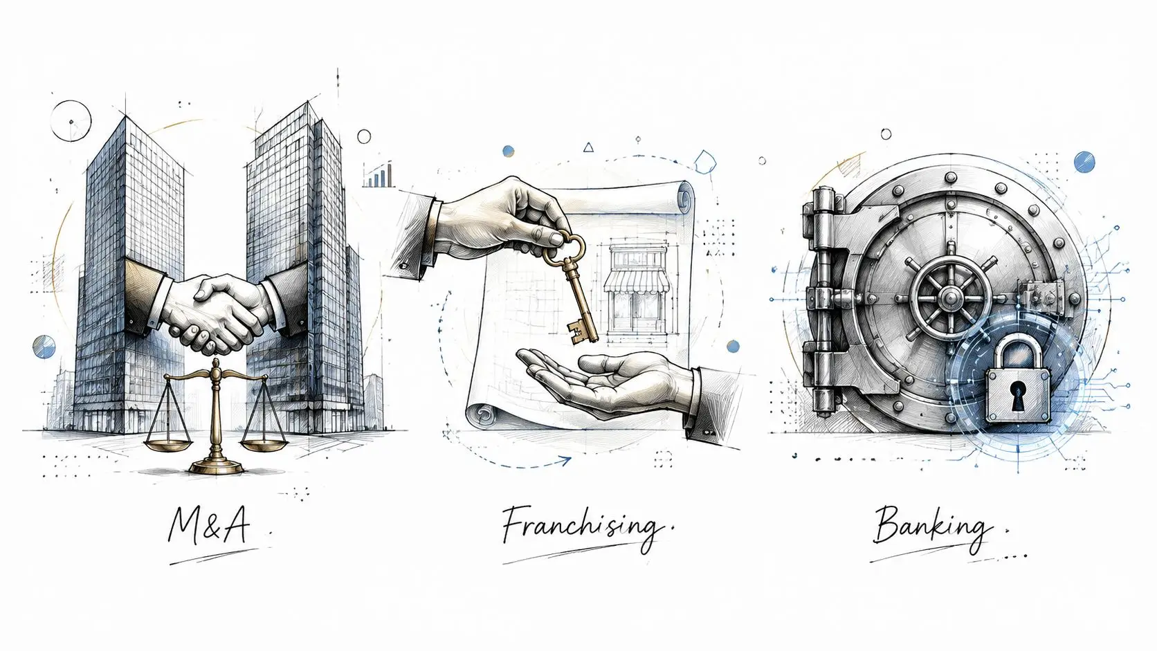 Conceptual illustration showing symbols for M&A, franchising, and banking to represent professional financial and business services.