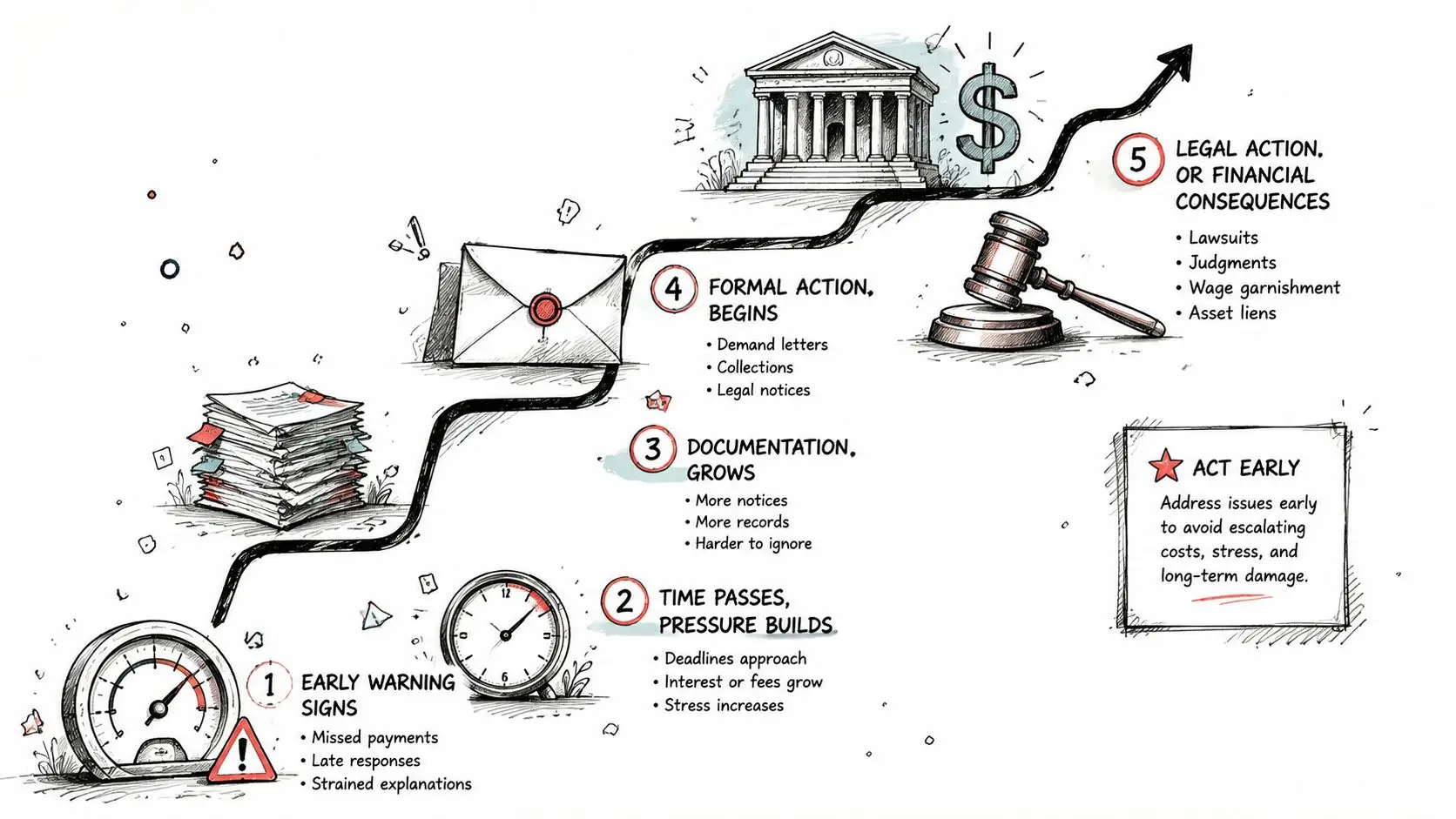 An infographic illustrating five progressive stages of escalating financial or legal debt issues from warnings to consequences.