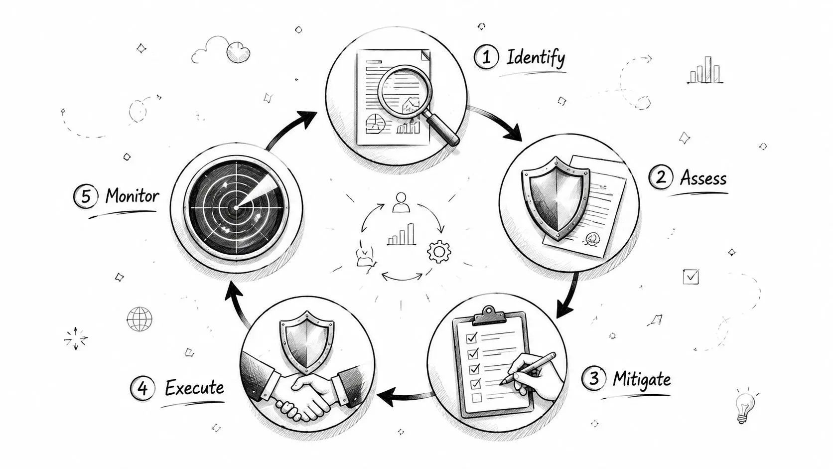 A hand-drawn process diagram showing five steps for business risk management cycle including identify and monitor stages.