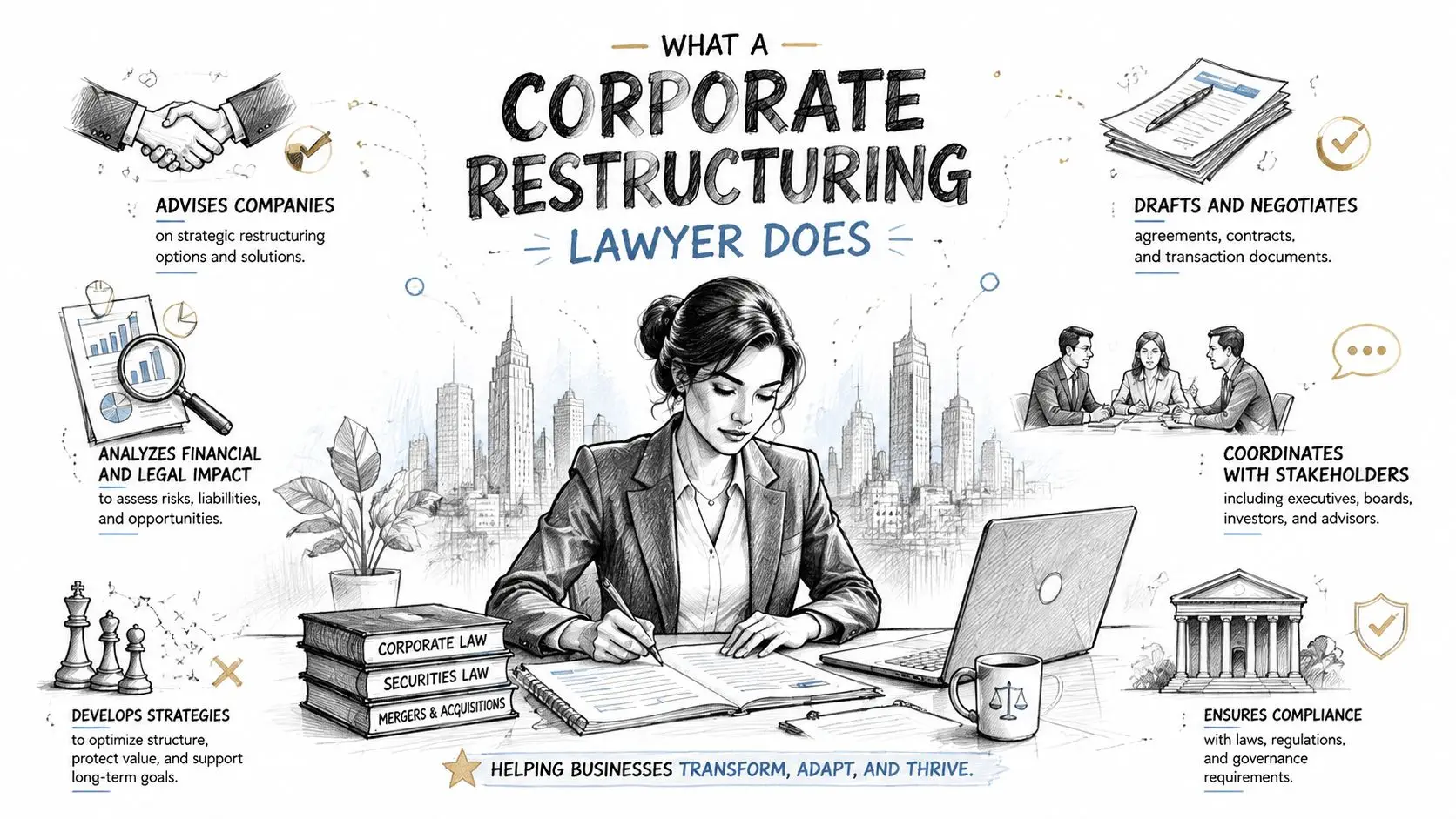 A professional corporate restructuring lawyer works at a desk surrounded by legal books, representing business strategy and compliance.