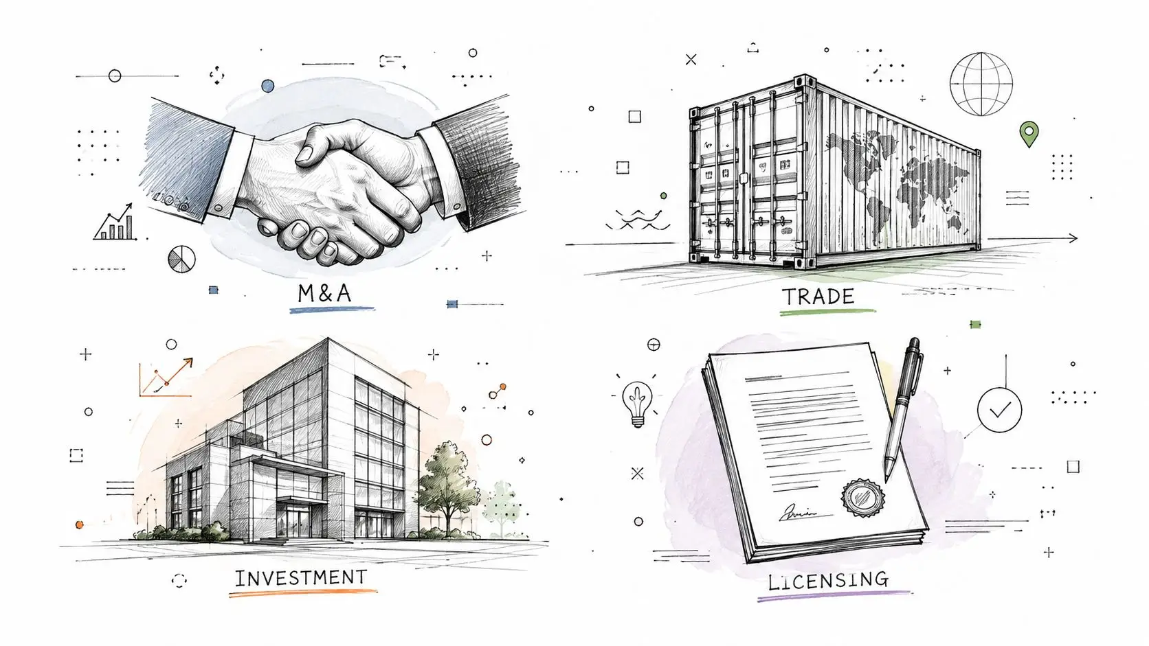 An illustration showing four business concepts: M&A handshake, international trade container, real estate investment, and licensing agreement document.