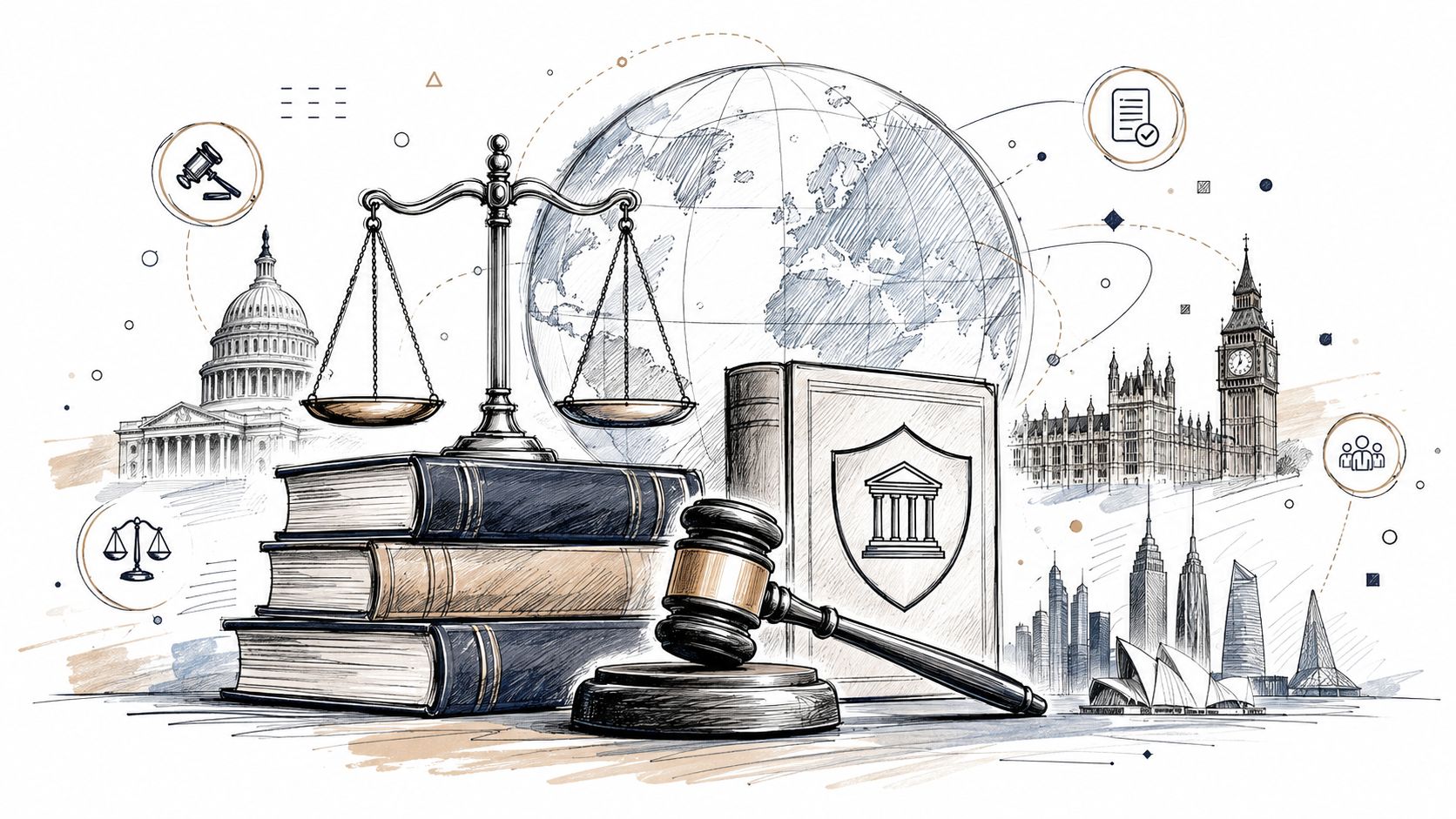 A detailed illustration featuring law books, a gavel, scales of justice, and global government landmarks.