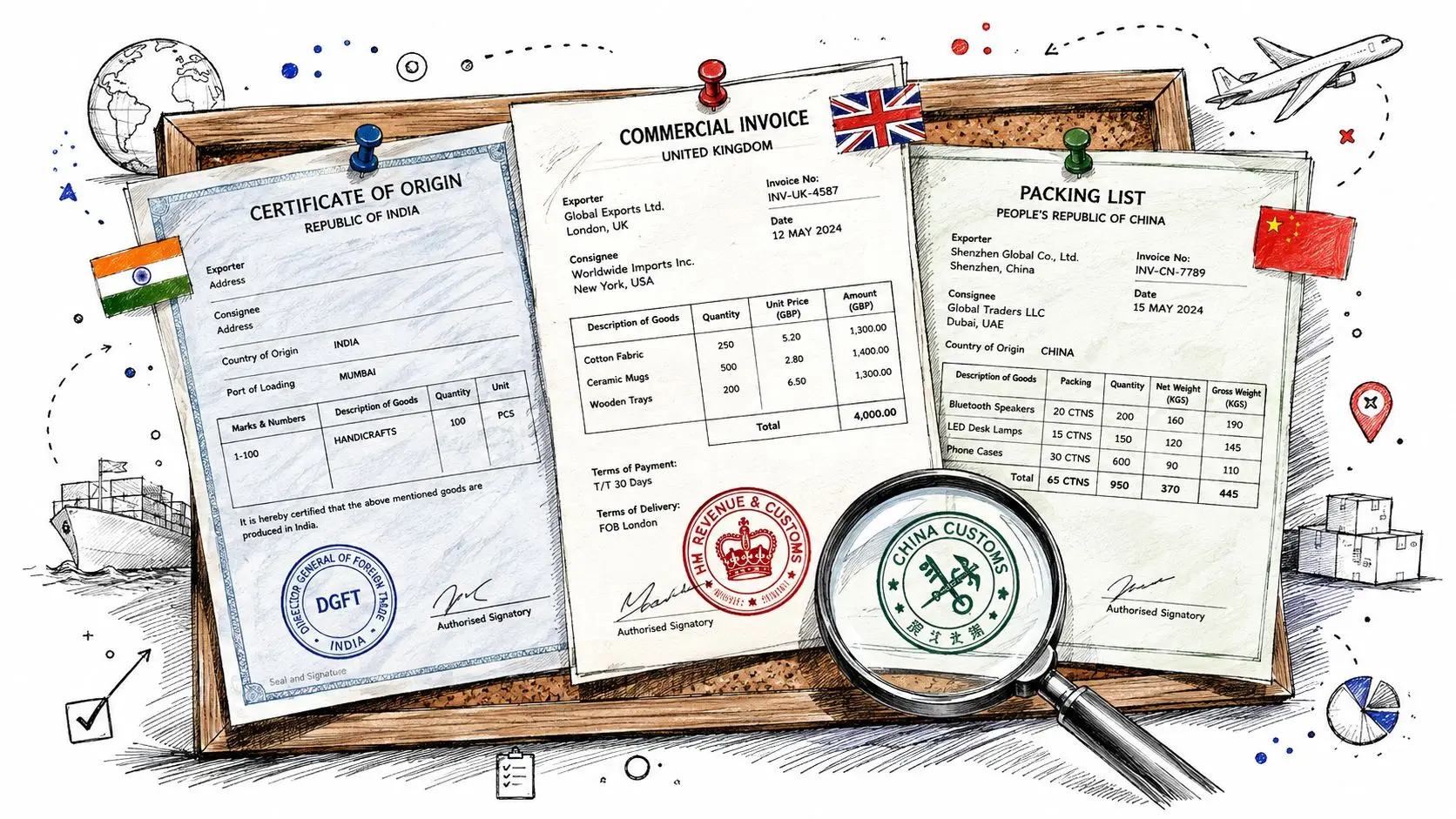 A cork board displaying international trade documents including a certificate of origin, commercial invoice, and packing list.