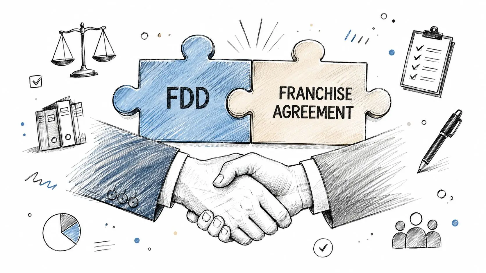 A hand-drawn illustration showing a handshake below puzzle pieces labeled FDD and Franchise Agreement, symbolizing legal partnership.