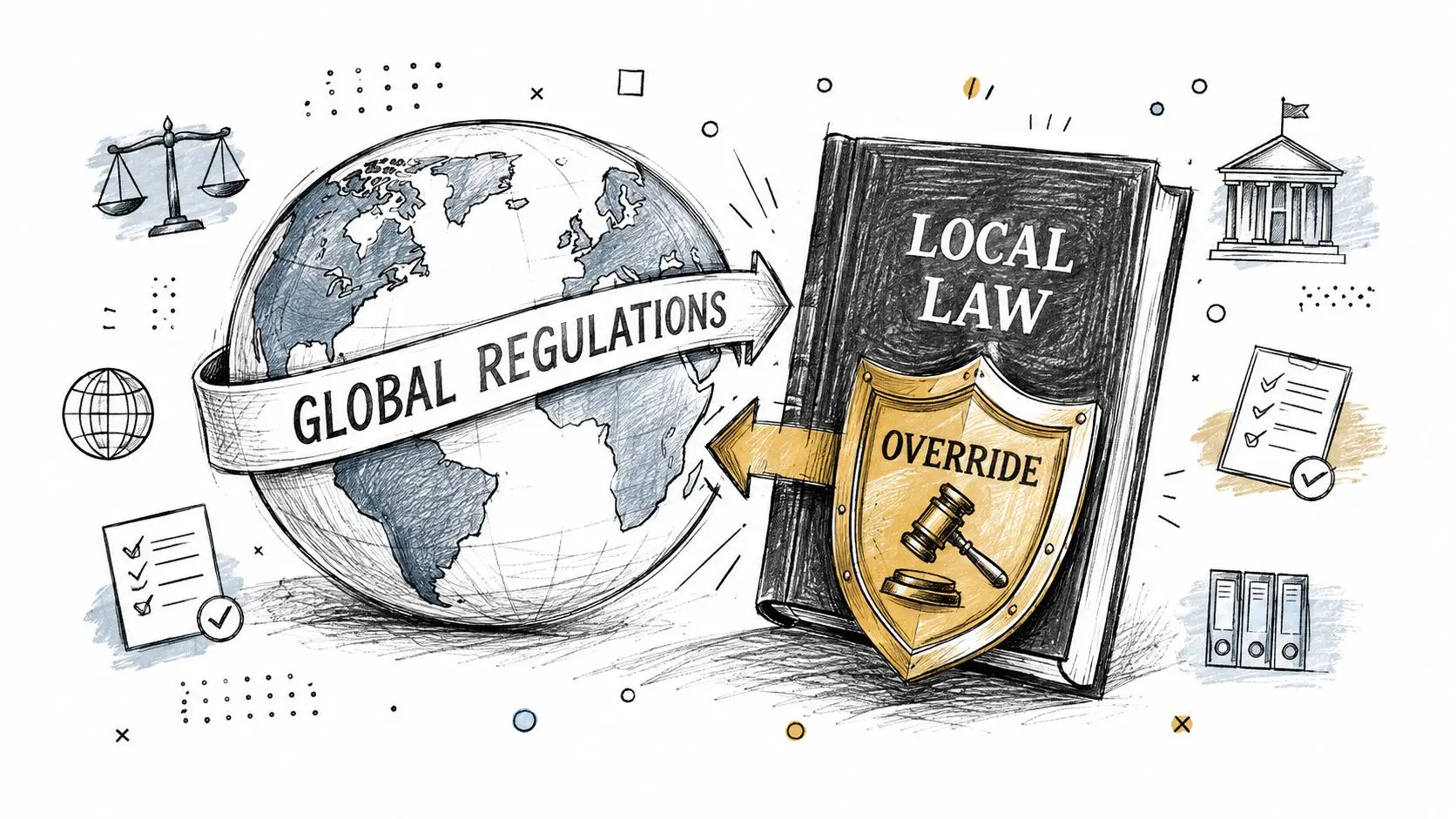A hand-drawn illustration depicting a book titled Local Law with a golden shield showing Override text.