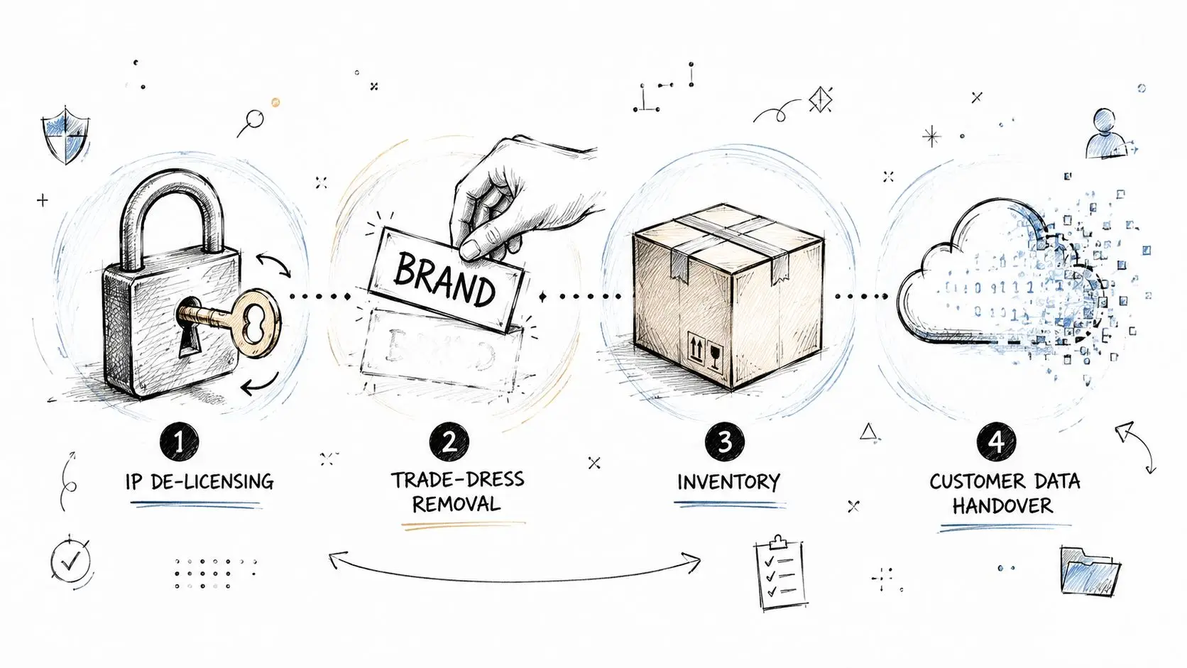 A hand-drawn illustration depicting four steps of franchise agreement termination: IP licensing, brand removal, inventory, and data.