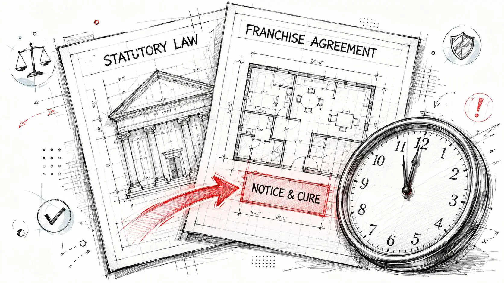 A conceptual illustration combining statutory law and a franchise agreement blueprint with a ticking clock symbol.