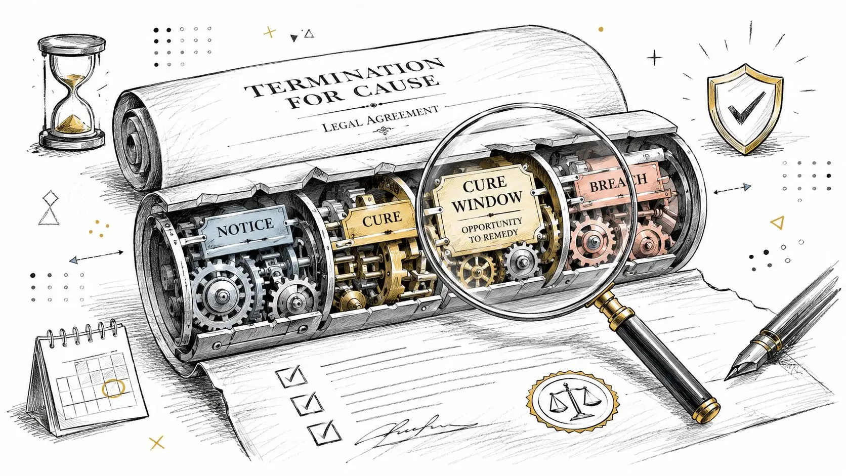 A legal conceptual illustration representing franchise agreement termination process with gears, magnifying glass, and contract documents.