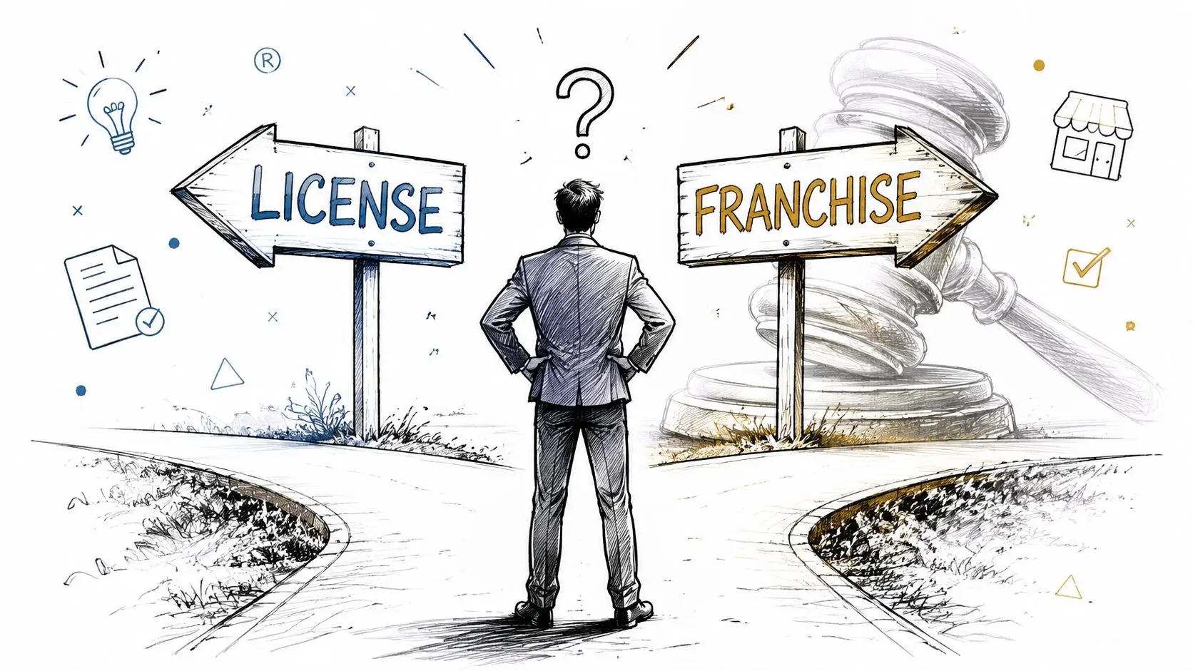 A businessman standing at a crossroads deciding between choosing a business license or a franchise agreement.