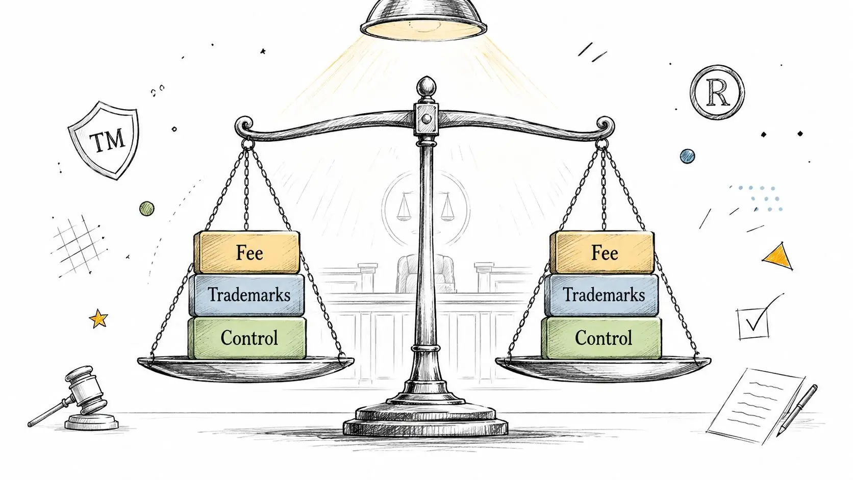 A balanced scale showing identical blocks labeled Fee, Trademarks, and Control on both sides, symbolizing legal parity.
