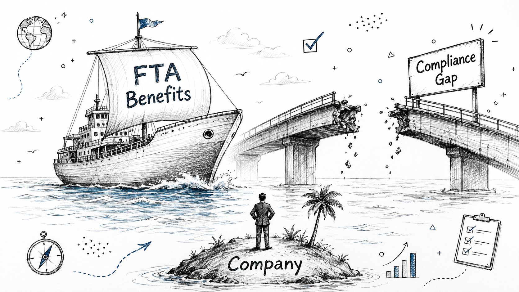 A line drawing illustration showing a ship representing Free Trade Agreement Benefits approaching a broken bridge labeled Compliance Gap.