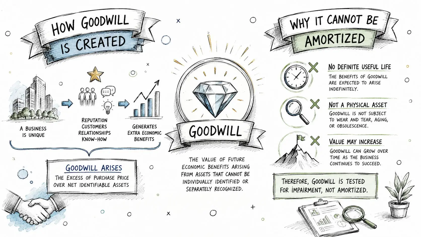An infographic illustration explaining the concept of business goodwill, how it is created, and why it is not amortized.