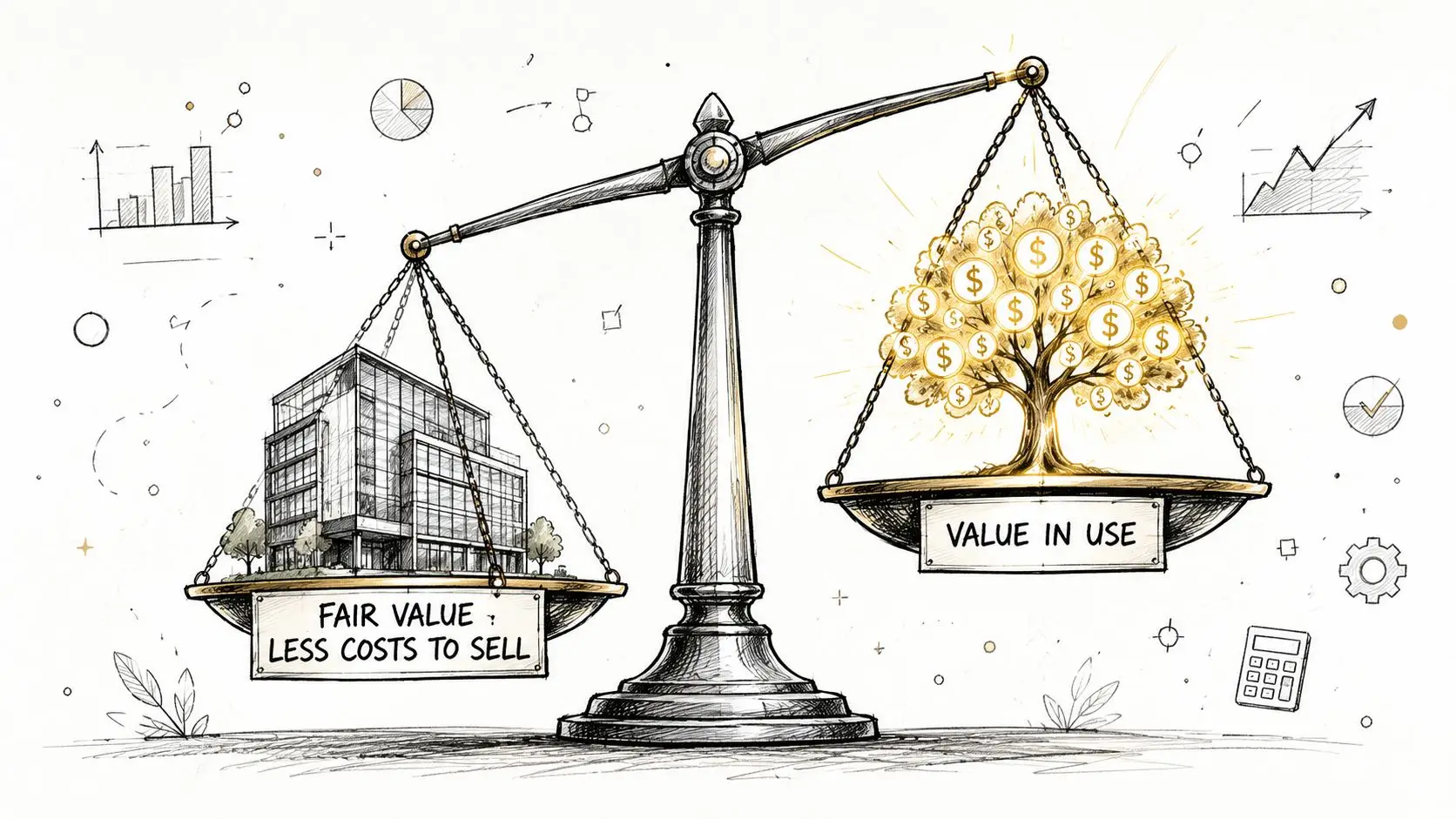 A conceptual illustration of a balance scale comparing Fair Value Less Costs to Sell with Value in Use.