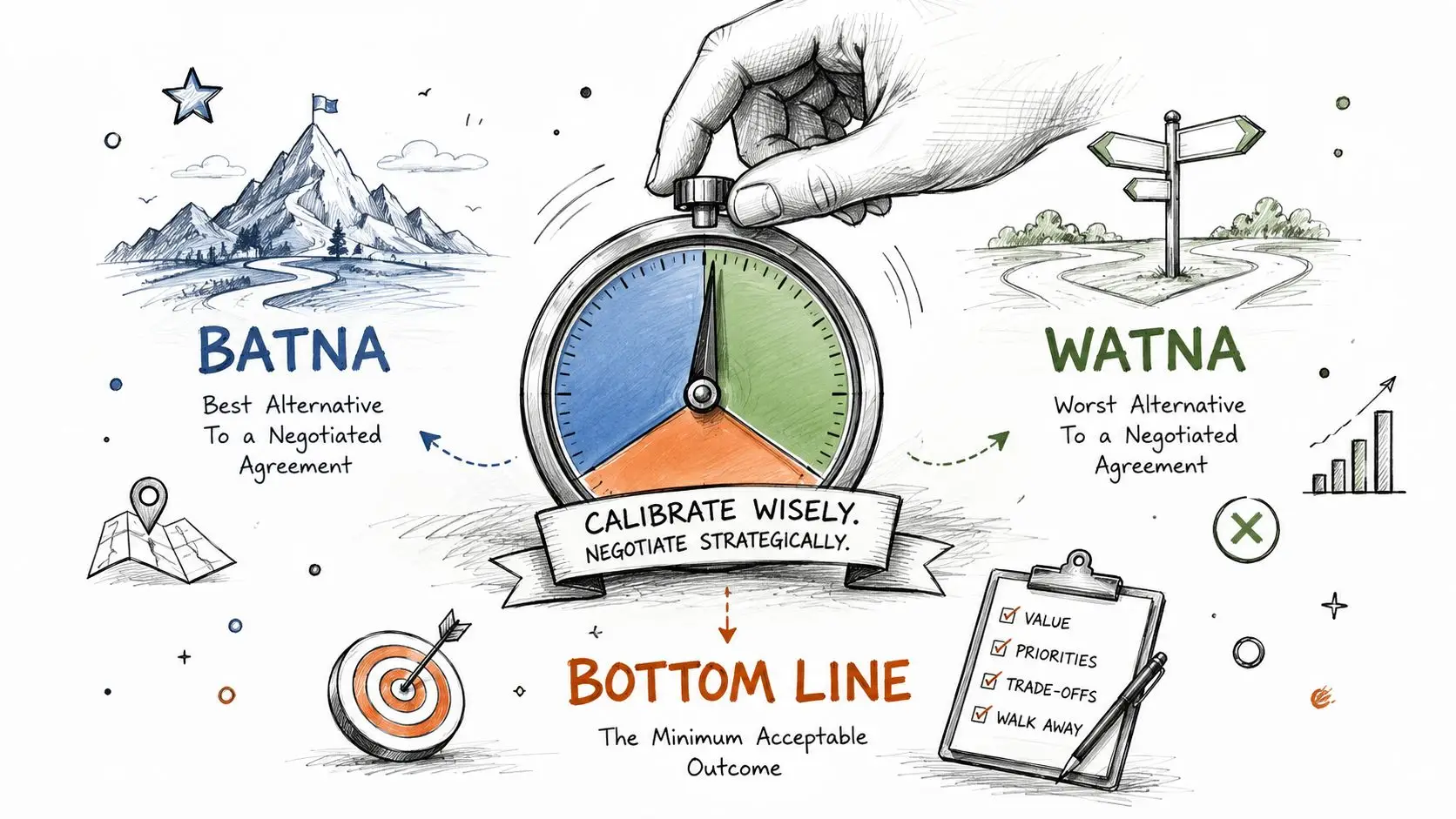 An illustrated guide explaining negotiation concepts BATNA, WATNA, and Bottom Line using a timer and symbols.