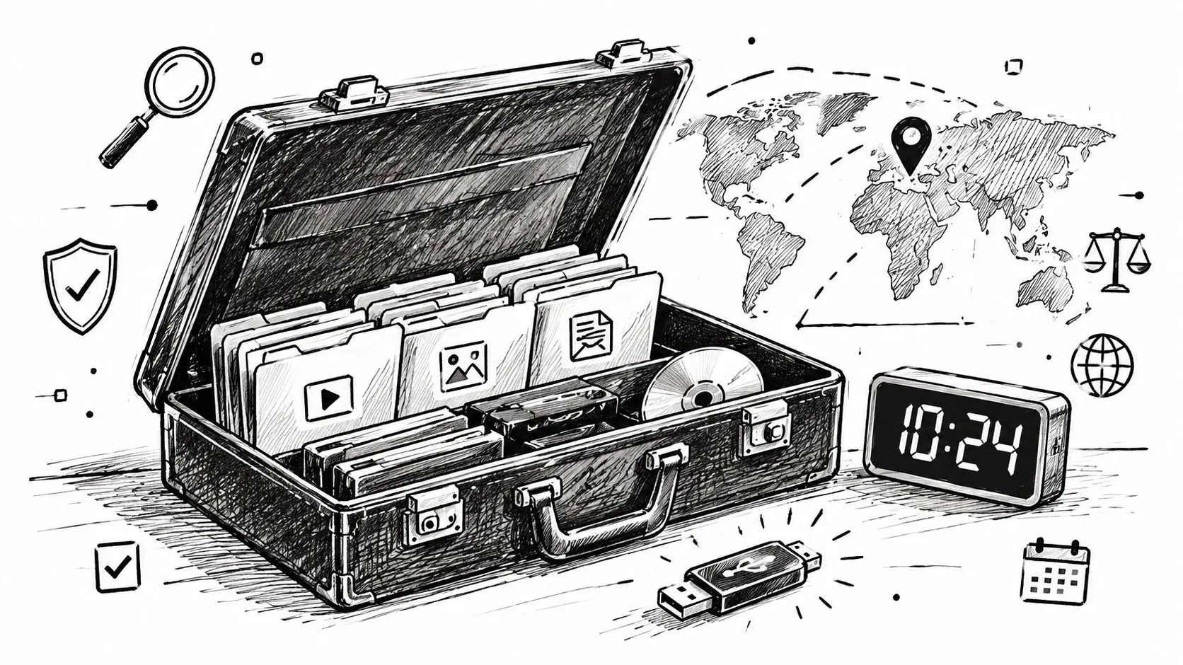 A black briefcase filled with organized folders, digital storage media, and various icons representing investigative data collection.