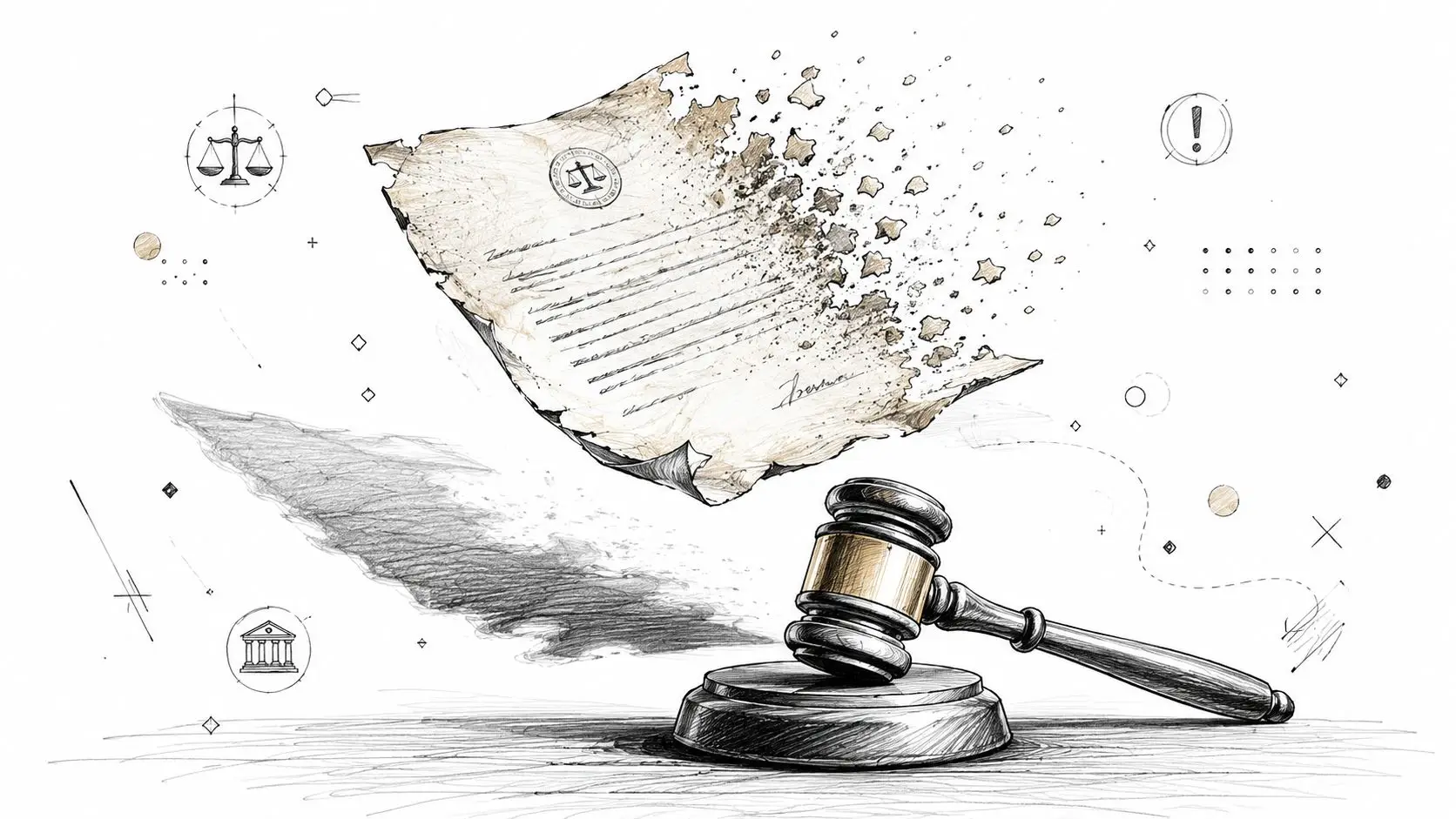 A gavel resting on a sound block with a disintegrating legal document floating above it.