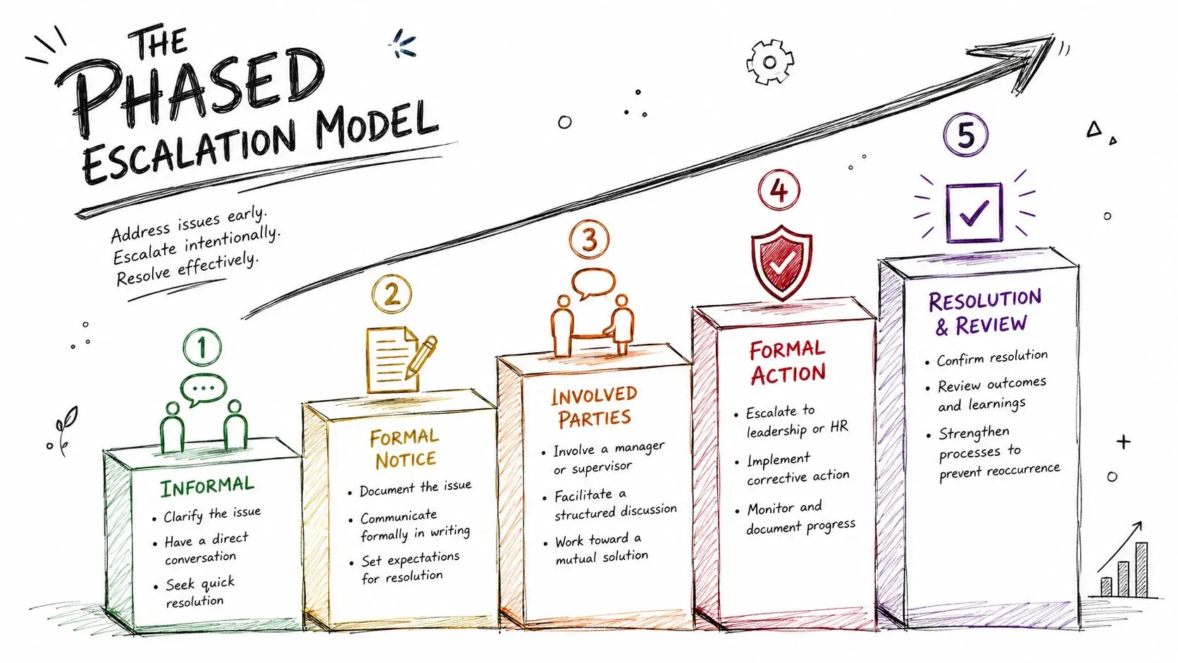 A hand-drawn five-step infographic titled The Phased Escalation Model illustrating a process for resolving workplace issues.